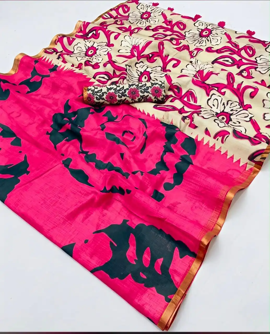 Linen Cotton All-Over Printed Contrast Pallu Saree